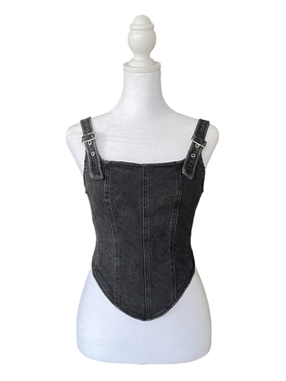 Faded Black Stretchy Denim Corset Top w/ Adjustable straps - Size XS